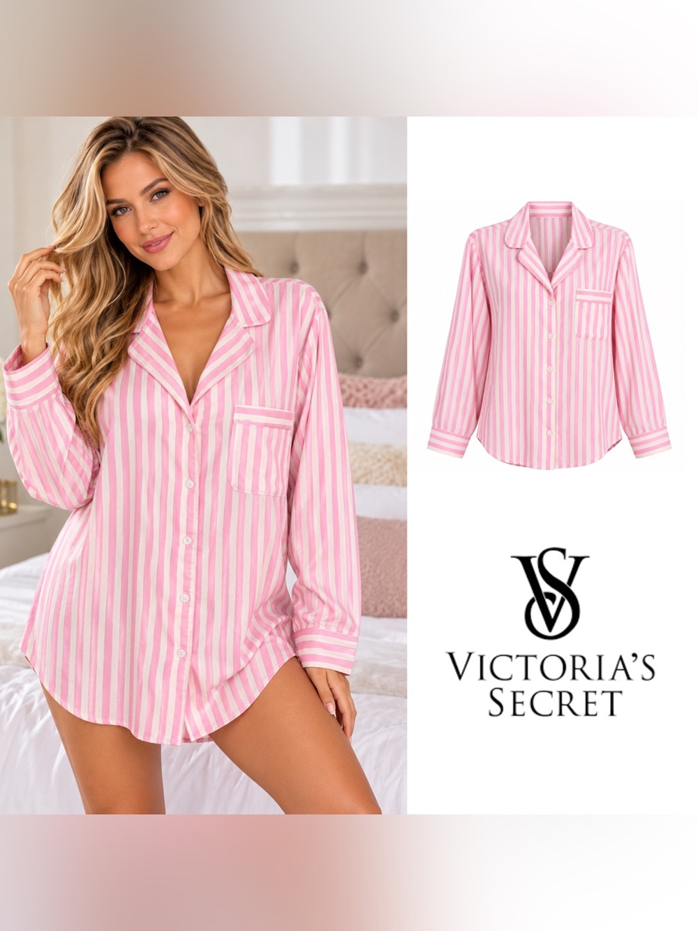 NEW Victoria's Secret Pink & White Striped Relaxed Button-Front Sleep Shirt